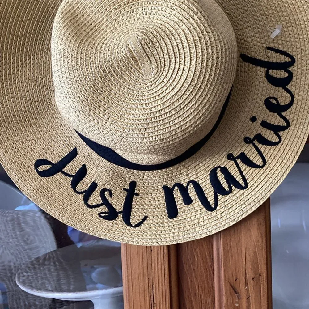 C.C Floppy Paper Straw Wide Brim Hat Embroidered Just Married OS
